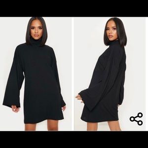 Black Wide Rib High Neck Oversized Jumper Dress